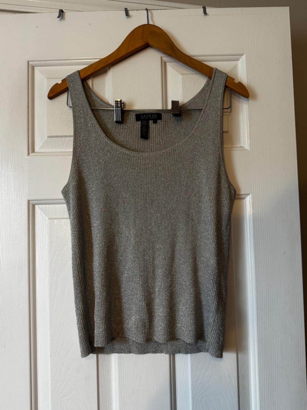 Lauren Ralph Lauren Silver Metallic Glittery Silk Blend Knit Tank Top